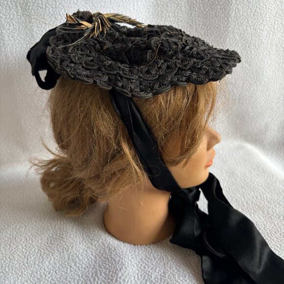 Antique Victorian Black Woven Ribbon Bonnet with Wheat Accents main image 12